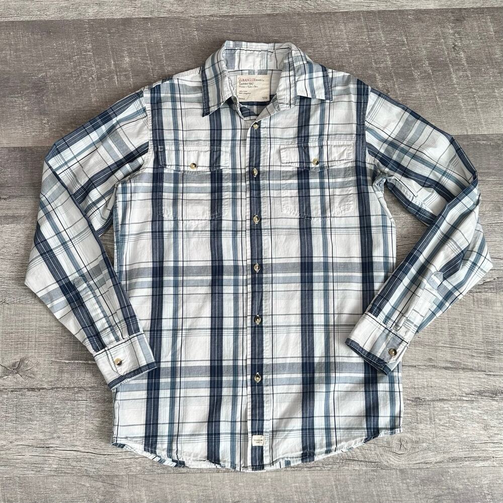 Wrangler Long Sleeve Button Up Western Shirt Mens S Plaid White Blue Cotton